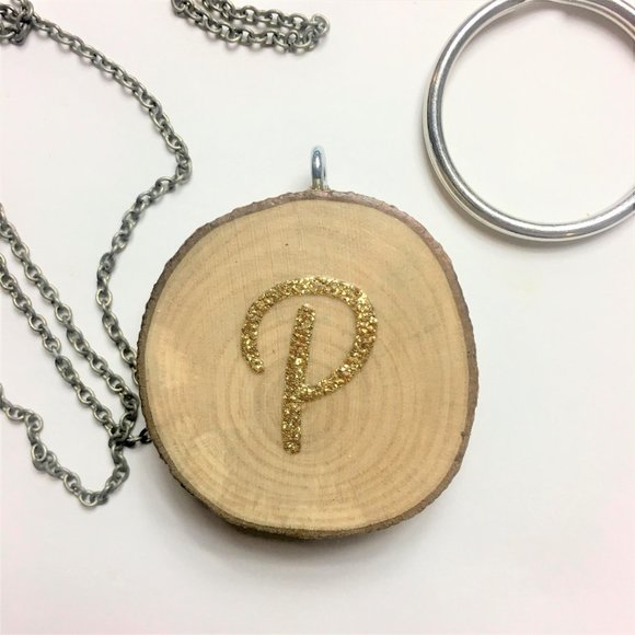 Initial Jewelry, P Initial Wood Slice Pendant, Key Chain, Necklace, Personalized - Picture 3 of 4